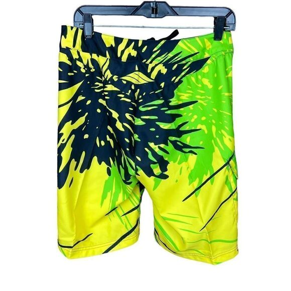 Slippery Board Shorts Solar Tie Front Black Neon Green Yellow Side Pocket Men 30 - Picture 2 of 15